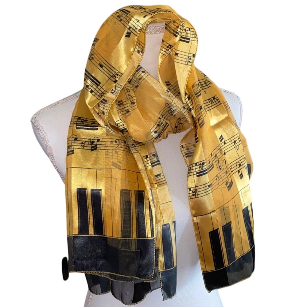Black Gold Piano Keyboard Music Note Satin Stripe Scarf Sheer two, pair bundle